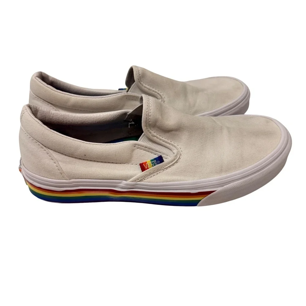 Vans Classic Slip-On Pride White Rainbow Stripe Shoes Mens 7 Womens 8.5 500714